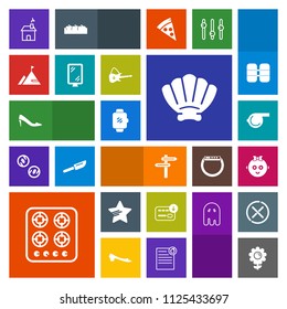 Modern, simple, colorful vector icon set with flower, sport, referee, watch, shoe, banner, money, floral, screen, childhood, finance, bag, direction, kid, baby, seashell, house, child, estate icons