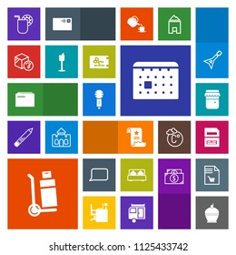 Modern, simple, colorful vector icon set with speech, glass, juice, bed, jam, dessert, timetable, package, computer, paper, pie, food, honey, schedule, bedroom, data, karaoke, information, talk icons