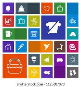 Modern, simple, colorful vector icon set with paper, cup, clothes, bell, road, tape, restaurant, alarm, grass, drink, shirt, dessert, stereo, lock, map, call, envelope, pin, ice, origami, camp icons