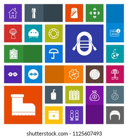 Modern, simple, colorful vector icon set with architecture, liquid, schedule, rain, footwear, label, weather, estate, building, belt, calendar, umbrella, time, sign, picture, balloon, hot, sun icons