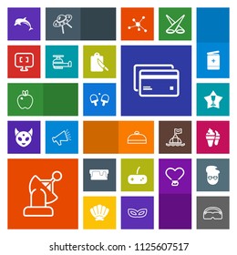 Modern, simple, colorful vector icon set with nature, cream, dessert, play, money, debit, joystick, plastic, luggage, bag, laptop, glasses, travel, pie, tennis, apple, computer, first, game, pc icons
