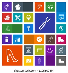 Modern, simple, colorful vector icon set with medieval, dinner, fork, spoon, money, movie, world, button, video, internet, dress, social, screen, architecture, banking, tower, spring, knife, map icons
