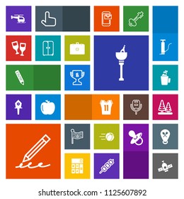 Modern, simple, colorful vector icon set with furniture, bucket, cupboard, tree, write, game, pen, ice, nature, place, nation, environment, flag, ball, education, forest, first, glass, planet icons