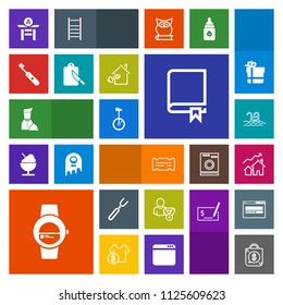 Modern, simple, colorful vector icon set with smart, water, pool, japan, library, increase, entertainment, time, online, property, study, coupon, food, real, dinner, encyclopedia, business, blue icons