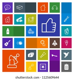 Modern, simple, colorful vector icon set with glass, technology, can, bin, bottle, communication, beauty, search, chat, food, drink, telescope, dessert, button, earth, music, finger, travel, sky icons