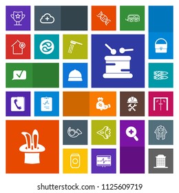 Modern, simple, colorful vector icon set with drum, jet, weapon, military, apartment, lollipop, gun, magic, bugle, kamon, glass, plane, instrument, prize, horizontal, chat, sound, jetliner, hat icons