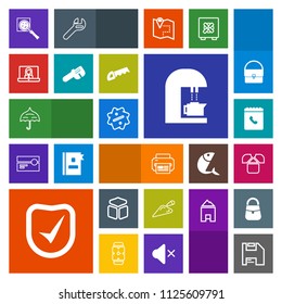 Modern, simple, colorful vector icon set with white, video, search, computer, open, coffee, shirt, bank, discount, magnifier, find, construction, caffeine, shovel, repair, security, sign, sale icons