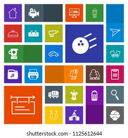 Modern, simple, colorful vector icon set with package, sign, building, red, shipping, cargo, fun, ball, wine, flipper, food, light, lamp, sea, billboard, delivery, glass, rice, drink, estate icons