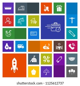 Modern, simple, colorful vector icon set with service, decoration, launch, reparation, summer, cocktail, drink, hair, juice, brush, button, glass, equipment, business, bat, sitting, rocket, wood icons