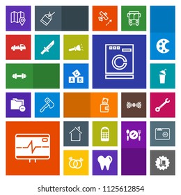 Modern, simple, colorful vector icon set with housework, gym, drink, location, knife, money, pulse, house, shipping, phone, beverage, health, estate, heart, business, wrench, travel, fitness icons
