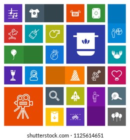 Modern, simple, colorful vector icon set with seafood, search, towel, tripod, music, celebration, thermometer, decoration, sign, scale, table, fahrenheit, sound, technology, love, note, food icons