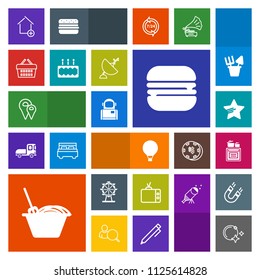 Modern, simple, colorful vector icon set with house, sky, modern, burger, astronaut, cheeseburger, location, cooking, oven, new, video, television, parachuting, property, london, pin, jump, map icons