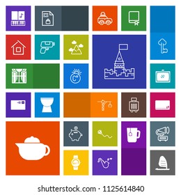 Modern, simple, colorful vector icon set with money, music, kite, home, building, breakfast, entertainment, joy, teapot, interior, wind, finance, surf, sea, sound, construction, sky, sport, coin icons