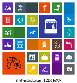 Modern, simple, colorful vector icon set with housework, music, trumpet, store, communication, open, door, envelope, graph, ball, toy, key, domestic, bear, mailbox, letter, grocery, interior icons