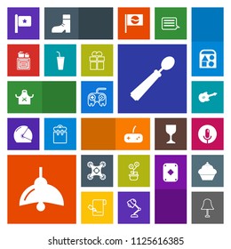 Modern, simple, colorful vector icon set with lamp, voice, control, music, electricity, america, arrow, oven, joystick, tree, growth, cold, business, juice, money, guitar, camera, giftbox, drink icons