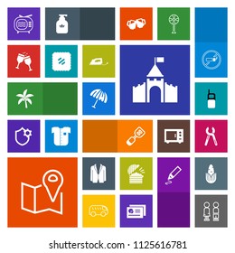 Modern, simple, colorful vector icon set with tropical, boy, pin, protection, telephone, parasol, spatula, old, video, business, antenna, food, kitchen, palm, castle, communication, phone, map icons