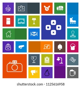 Modern, simple, colorful vector icon set with destruction, glass, cafe, photography, game, mug, dinner, window, drink, communication, painter, new, computer, unpacking, house, camera, cardboard icons