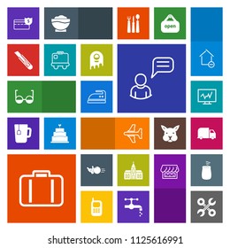 Modern, simple, colorful vector icon set with technology, medicine, religion, airplane, coin, bag, airport, plane, flight, aircraft, money, doctor, religious, luggage, repair, bowling, person icons