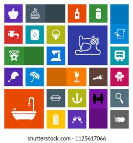 Modern, simple, colorful vector icon set with play, sign, comet, bathroom, sew, astronomy, equipment, faucet, fashion, achievement, list, place, craft, spacecraft, marine, work, poker, bun, job icons