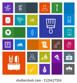 Modern, simple, colorful vector icon set with male, fashion, birthday, cord, spoon, paper, celebration, paintbrush, clothes, temperature, bag, file, finance, tower, uniform, decoration, dinner icons