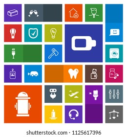 Modern, simple, colorful vector icon set with alcohol, mobile, energy, health, toy, hydrant, water, battery, power, axe, pharmacy, screwdriver, dental, brick, vitamin, departure, machine, white icons