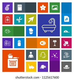 Modern, simple, colorful vector icon set with hipster, interior, kitchen, oven, clothing, gift, transportation, shipment, explosion, man, shipping, microphone, food, modern, handicap, cap, cut icons