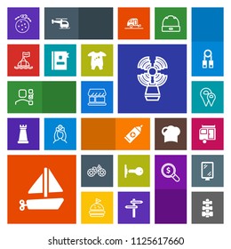 Modern, simple, colorful vector icon set with fitness, bicycle, journey, toy, security, door, boat, road, wheel, lighthouse, equipment, shop, space, travel, clean, trailer, technology, rocket icons