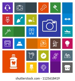 Modern, simple, colorful vector icon set with wizard, music, microphone, technology, flower, view, bill, plane, juice, spring, energy, bulb, supermarket, hygiene, brush, cocktail, travel, glass icons