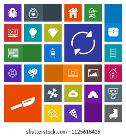 Modern, simple, colorful vector icon set with web, button, restaurant, building, sign, video, home, dinner, skating, refresh, monster, roller, bulb, house, reload, estate, internet, interface icons