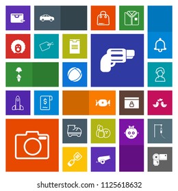 Modern, simple, colorful vector icon set with pistol, handgun, food, gun, technology, person, lollipop, cream, ball, scary, clown, candy, love, roller, sweet, beautiful, sale, dove, machine, fun icons