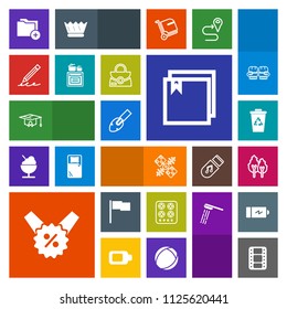 Modern, simple, colorful vector icon set with folder, garbage, recycling, gas, oven, film, write, movie, price, trash, percent, sign, communication, pencil, hand, college, web, equipment, stove icons