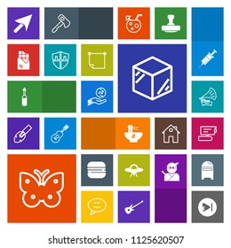 Modern, simple, colorful vector icon set with play, package, product, snack, sign, spaceship, equipment, packaging, tv, view, chinese, cheeseburger, butterfly, food, vintage, investment, money icons