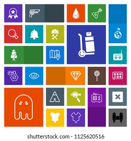 Modern, simple, colorful vector icon set with crystal, sweet, outdoor, shipping, restaurant, diamond, music, equipment, research, transportation, cake, achievement, first, tent, camp, spaceship icons