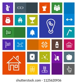 Modern, simple, colorful vector icon set with location, home, aerial, building, play, shop, game, bell, hammer, gesture, alarm, molecule, sale, call, chemistry, index, market, equipment, finger icons