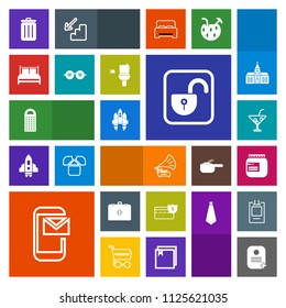 Modern, simple, colorful vector icon set with trash, music, bin, security, juice, can, cooking, medical, rocket, identity, grater, vintage, open, bed, space, cocktail, kitchen, glass, lock, bank icons