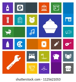 Modern, simple, colorful vector icon set with home, sweet, equipment, game, wrench, vehicle, note, cake, guitar, stroller, dessert, musical, megaphone, mark, play, music, list, beverage, kid icons