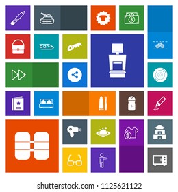 Modern, simple, colorful vector icon set with sign, pencil, fashion, tank, machine, wheel, social, car, stationery, hygiene, button, internet, player, globe, music, equipment, hairdryer, auto icons