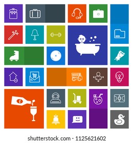 Modern, simple, colorful vector icon set with energy, flower, dumper, dump, vehicle, glass, disc, rubber, person, toy, shower, warehouse, delivery, bouquet, space, red, electricity, drink, kid icons