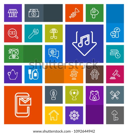 Modern, simple, colorful vector icon set with metal, mobile, communication, award, building, bank, courthouse, old, sound, money, lock, idea, telephone, achievement, home, place, direction, chat icons