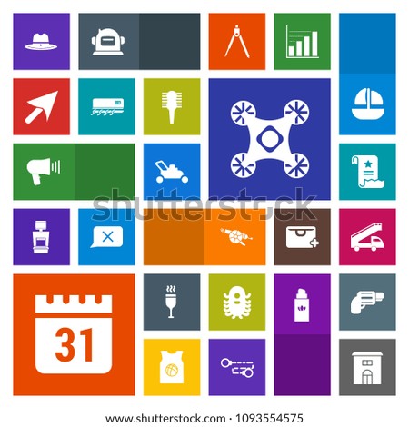 Modern, simple, colorful vector icon set with alcohol, lawn, document, gun, ufo, wine, drone, equipment, business, office, war, military, day, file, building, alien, paper, red, space, megaphone icons