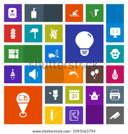 Modern, simple, colorful vector icon set with location, time, public, ocean, bulb, sign, day, housework, vacuum, healthy, kitchen, schedule, present, energy, knife, cutlery, alien, toilet, idea icons