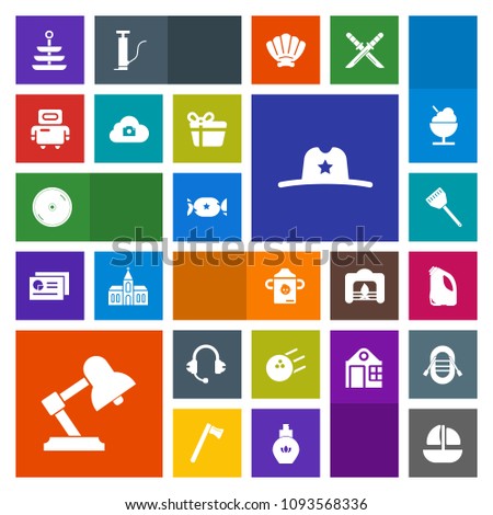 Modern, simple, colorful vector icon set with candy, cyborg, android, futuristic, lollipop, kitchen, photo, sea, speaker, west, plate, sweet, plastic, lamp, sound, disk, technology, sport, robot icons