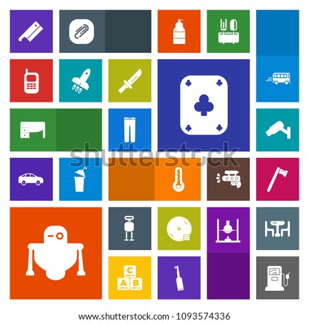 Modern, simple, colorful vector icon set with mobile, surveillance, clothing, communication, station, robot, table, dvd, gasoline, technology, work, phone, gas, sign, tool, fashion, play, desk icons