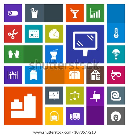 Modern, simple, colorful vector icon set with cut, banner, parachuting, schedule, character, mask, bed, pulse, scary, newborn, helmet, percussion, elevator, timetable, tool, musical, extreme icons