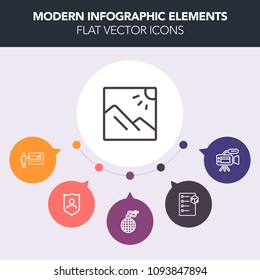 Modern, simple, colorful vector infographic background with power, background, nature, checklist, photography, presentation, truck, seminar, explosion, shipping, camera, delivery, video, tripod icons