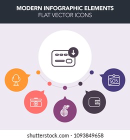 Modern, simple, colorful vector infographic background with cash, wood, bomb, label, landscape, danger, money, pine, box, button, life, rescue, aid, flame, help, pay, sack, cross, sos, kit, sign icons