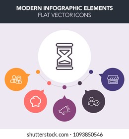 Modern, simple, colorful vector infographic background with speaker, office, timer, time, graph, report, cook, market, glass, sand, countdown, people, store, work, team, company, account, hour icons