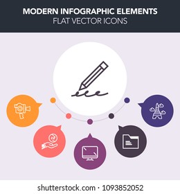 Modern, simple, colorful vector infographic background with white, landmark, office, camcorder, write, digital, school, money, media, french, folder, drawing, lens, paper, video, travel, display icons