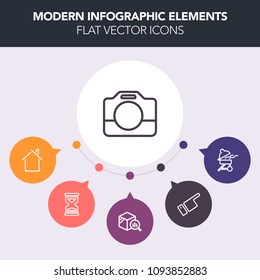 Modern, simple, colorful vector infographic background with white, house, statistic, real, finger, equipment, grill, business, meat, sand, media, camcorder, showing, movie, barbecue, finance icons