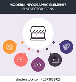 Modern, simple, colorful vector infographic background with store, button, microphone, shop, web, player, paper, folder, luck, rewind, curtain, video, television, music, casino, leisure, tripod icons